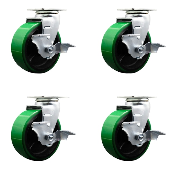 5 Inch Green Poly on Cast Iron Swivel Caster Set with Ball Bearings and Brakes